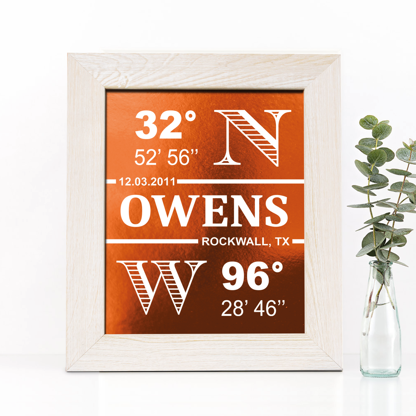 7th Anniversary Gift, Longitude Latitude Sign Copper Foil Print