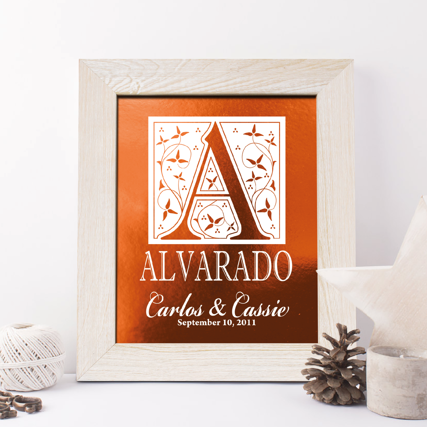 7th Anniversary Gift, Family Name Copper Foil Print