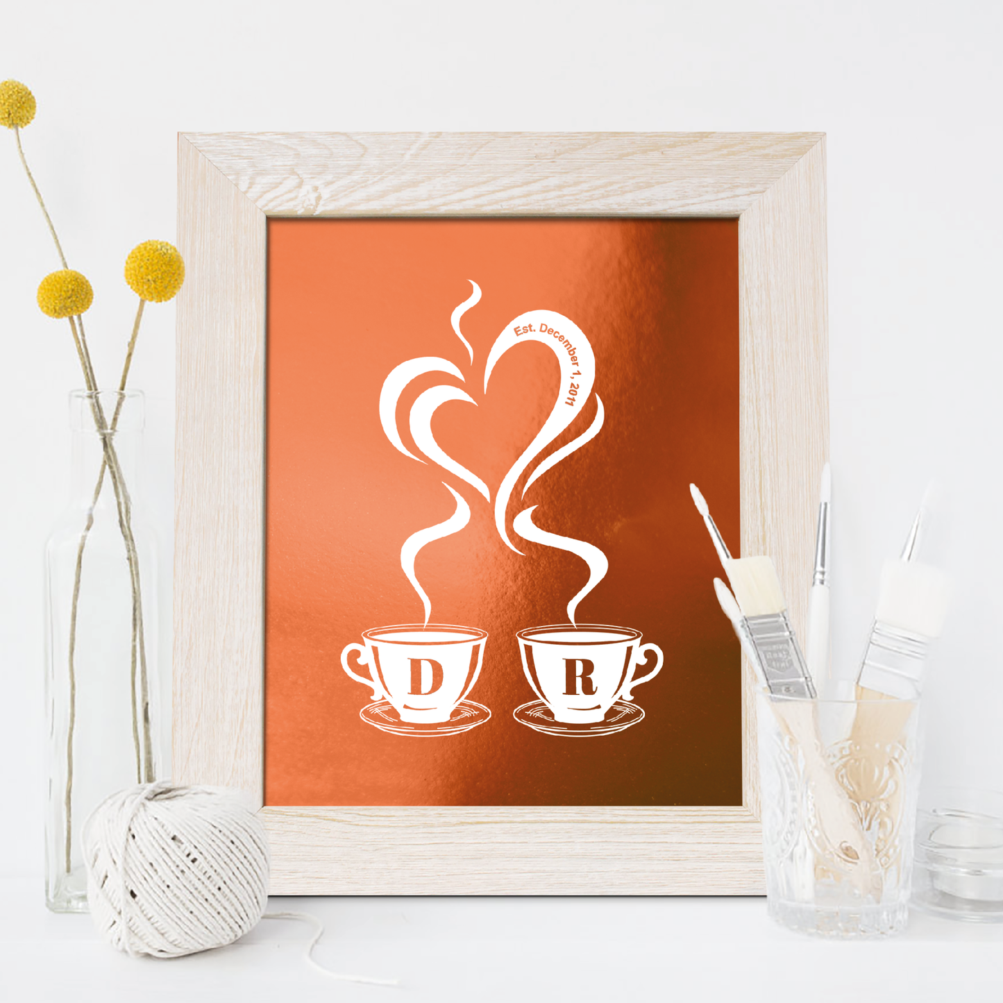 7th Anniversary Gift, Cups Copper Foil Print