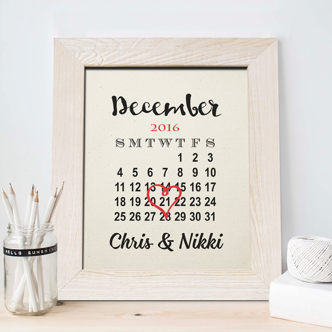 Personalized 2nd Anniversary Gift, Cotton Calendar Print
