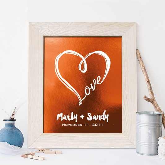 7th Anniversary Gift, Heart and Love Copper Foil Print